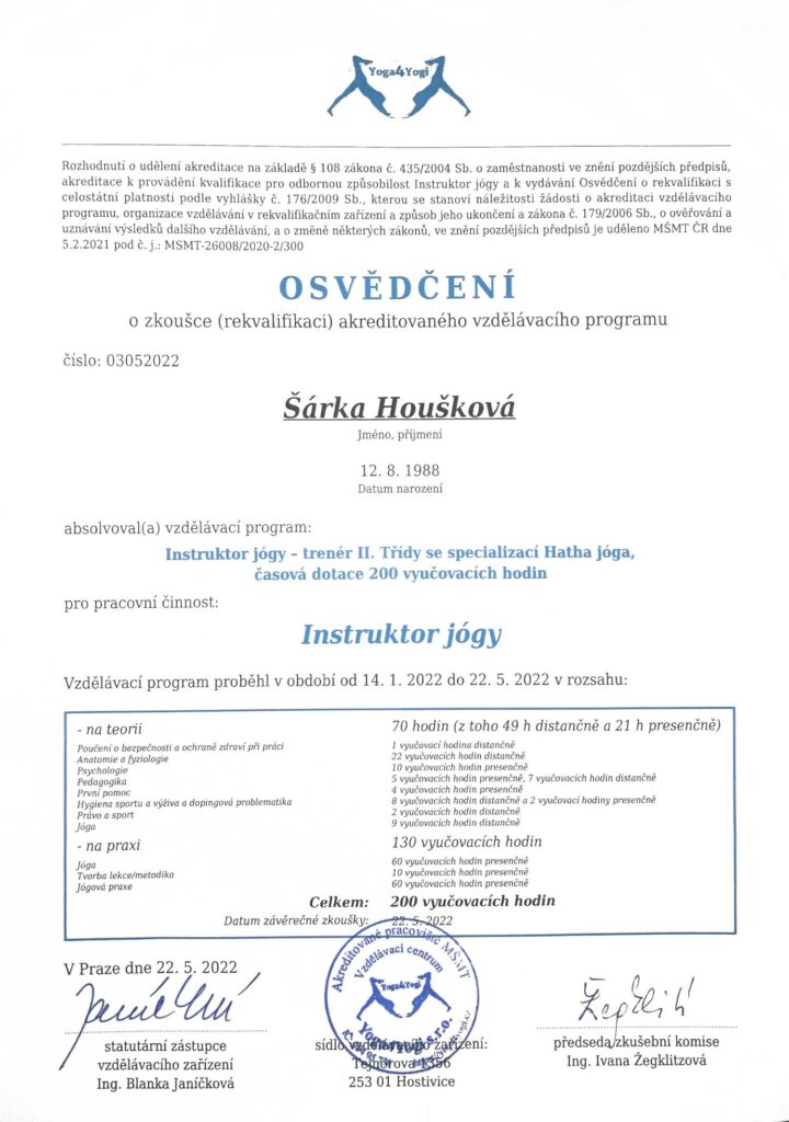 Certifikát Lektorka jógy - lektorka Šárka Houšková